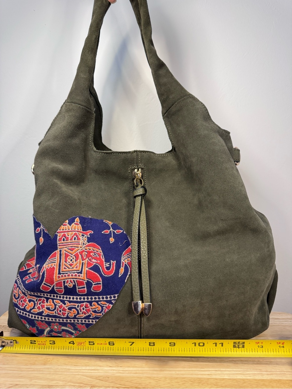 Moda Luxe - Olive Suede Hobo Bag with Embroidered Elephant Accent